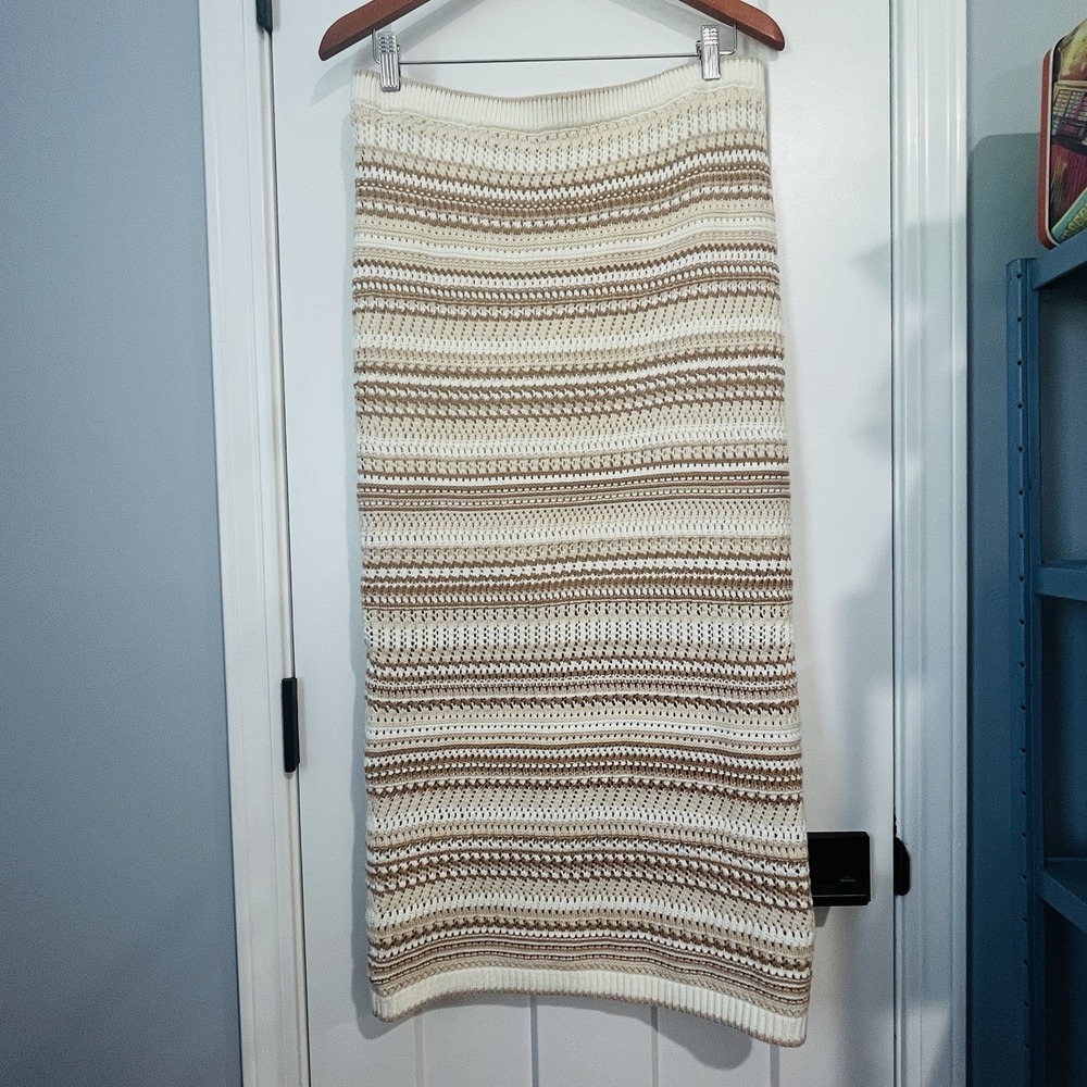 Rachel Zoe Boho Crocheted Striped Maxi Sweater Skirt Size M Neutral Festival